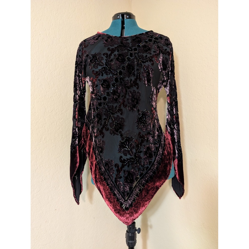 Silk Blend Burnout Velvet Beaded Handkerchief Hem Top Womens S Black Burgundy
